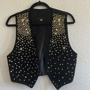 1980s Kathrine Baumann Star Studded and Rhinestone Black Suede Vest